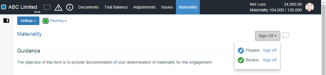 Complete the materiality form-sign off
