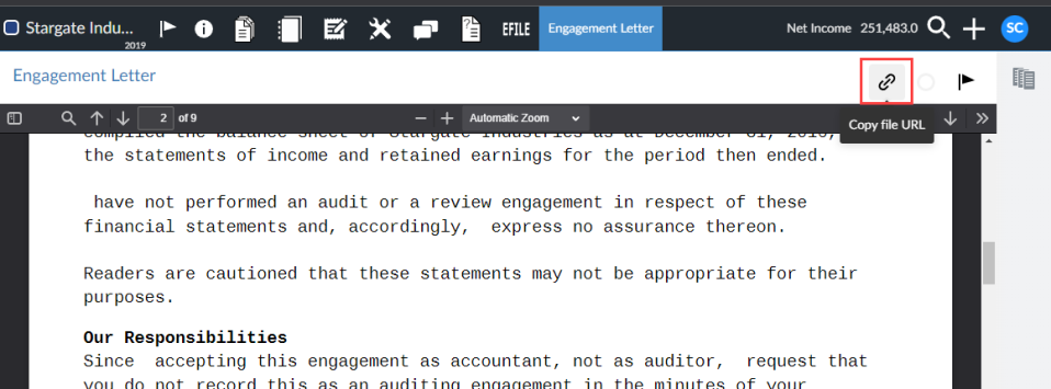 The Copy file URL button when viewing a PDF.