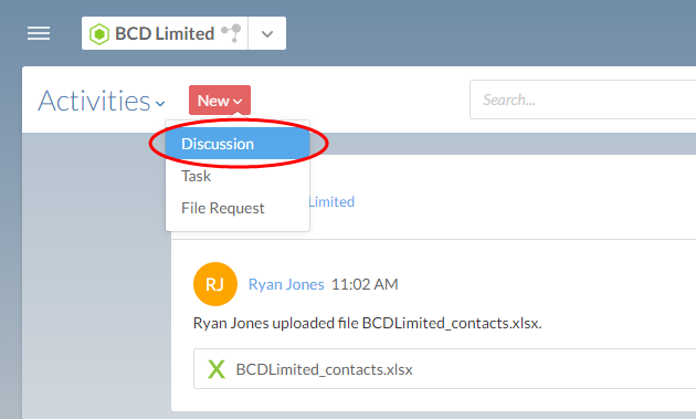 Select New | Discussion to open the Create Discussion dialog.