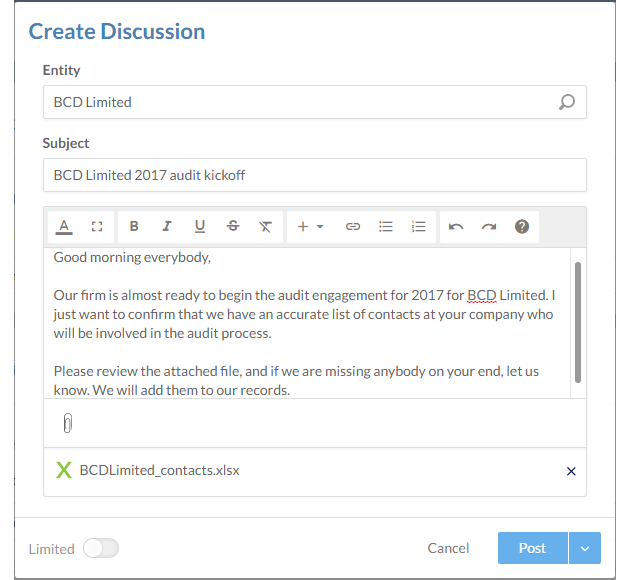 Choose the entity for your client, and enter the subject line and message to be sent to your clients for this discussion.