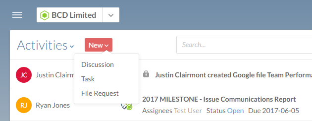 Select one of the activity types from the menu to create an activity of that type.