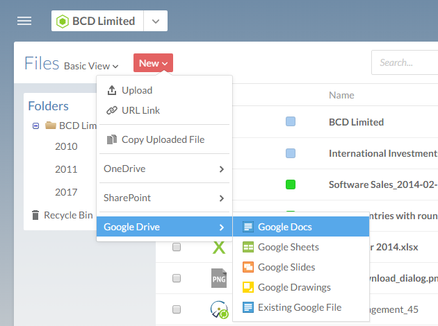 Select one of the file types from the menu to create a file of that type.