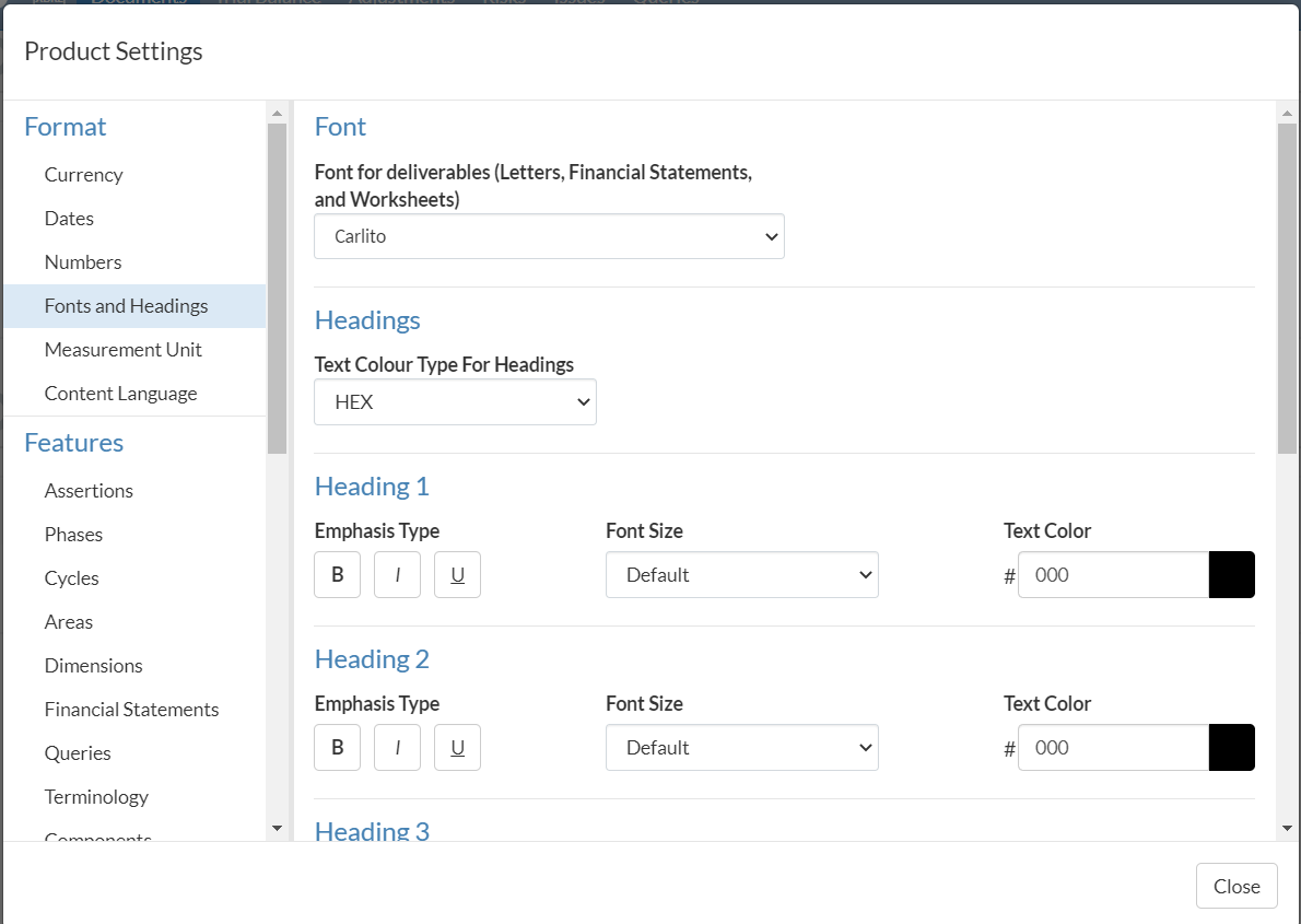 Fonts and Headings Product Settings dialog.