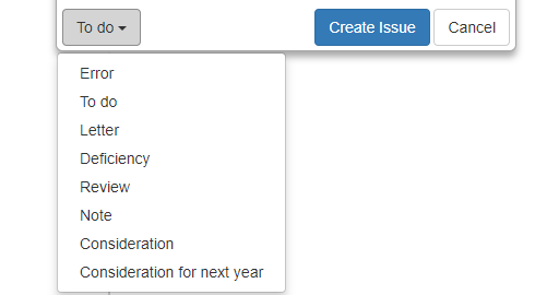Drop-down menu displaying the issue types.