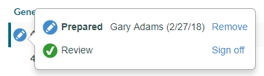 The sign-off status pop-up for a document.