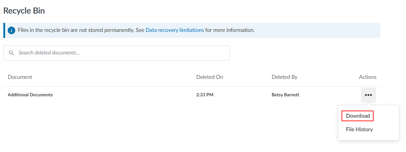 The Download option for a document in the Recycle Bin.