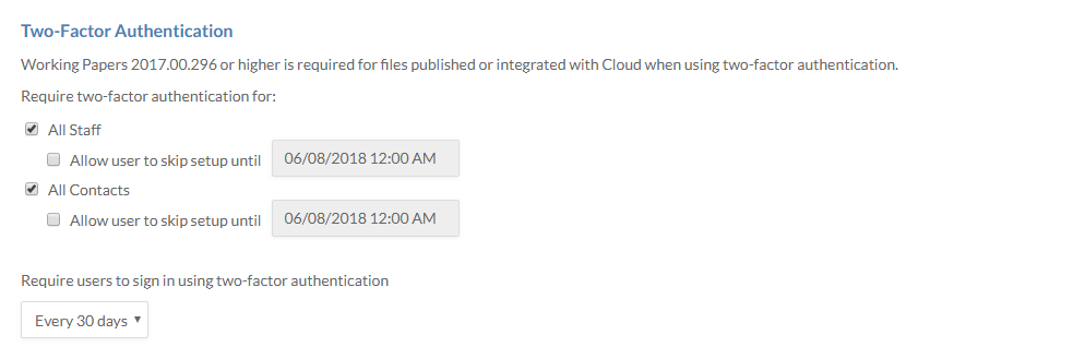 Two-factor authentication options availble on the Settings page.