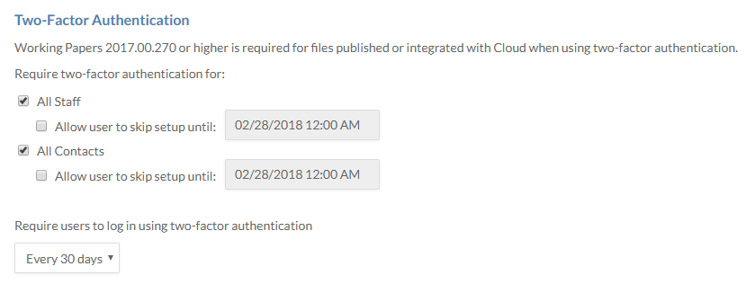 Two-factor authentication settings.