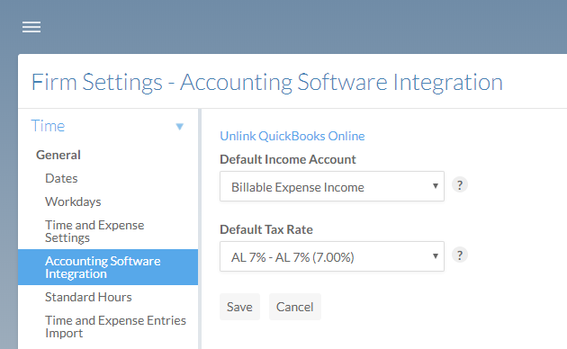 The Accounting Software Integration section of the Settings page after integrating QuickBooks Online.