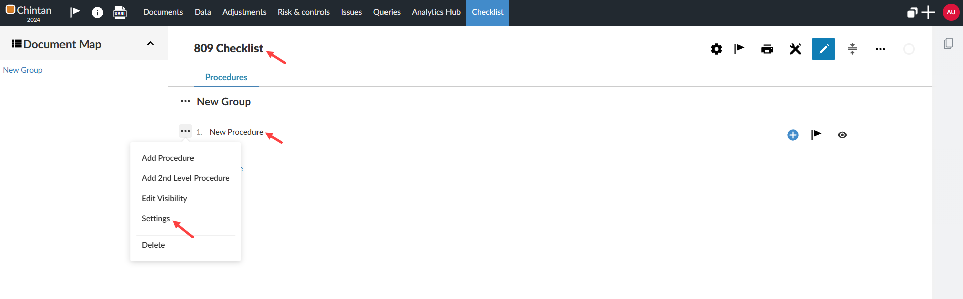 the user interface for managing procedure settings within a checklist.