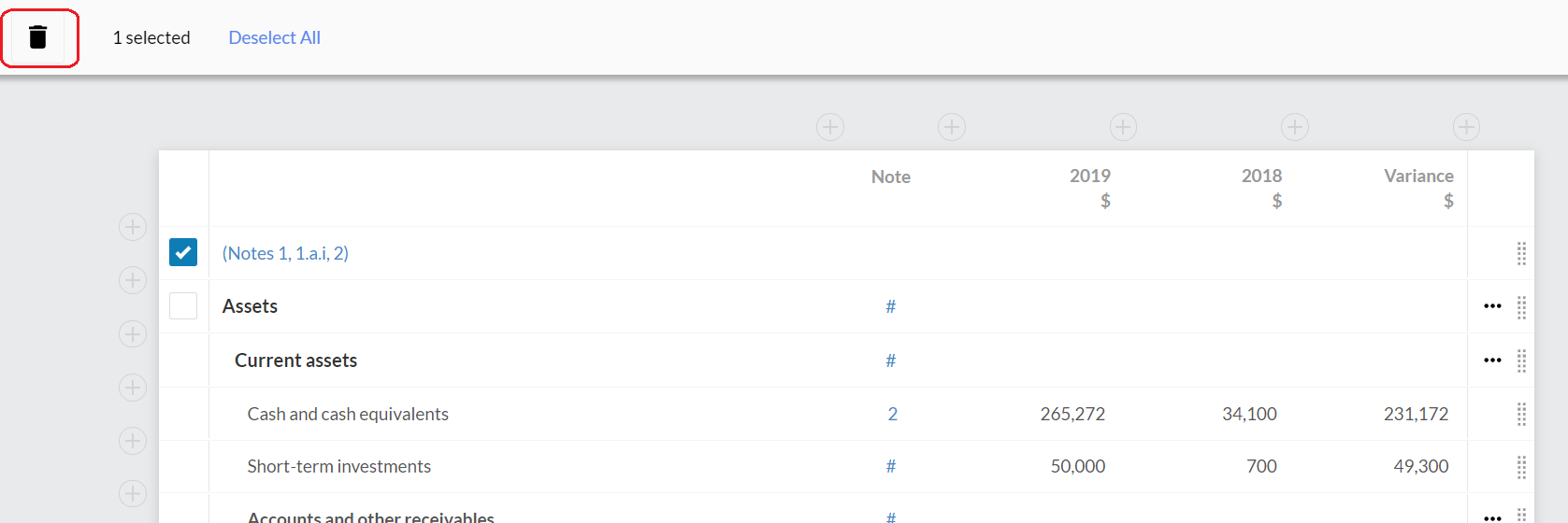 Select the Delete icon to remove the note reference row.