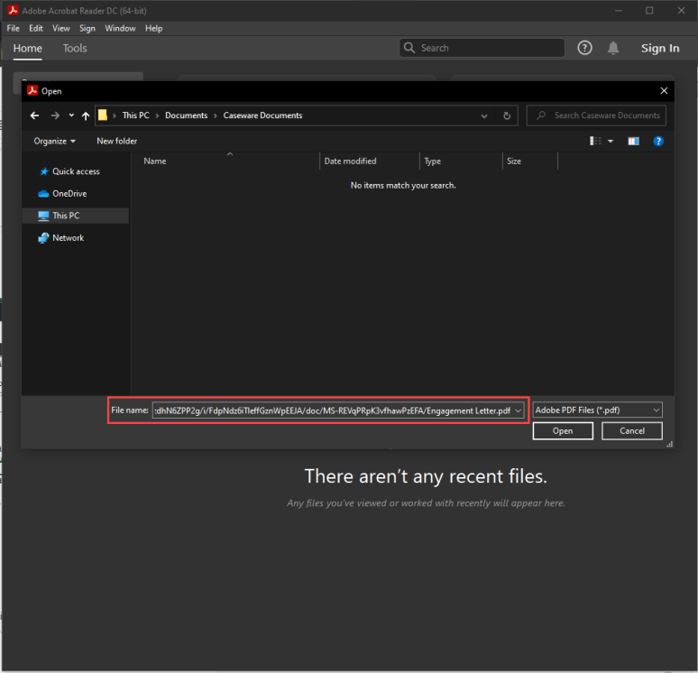 The Open dialog in Adobe Acrobat