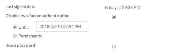 The options available when disabling two-factor authentication for a specific user.