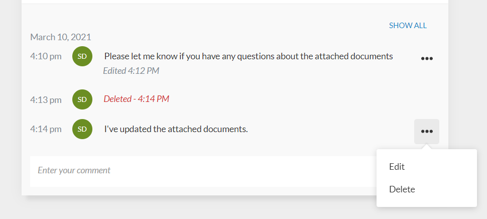 The Edit and Delete options for query comments.