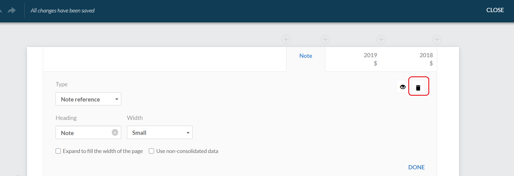 Select the Delete icon to remove the note reference column.
