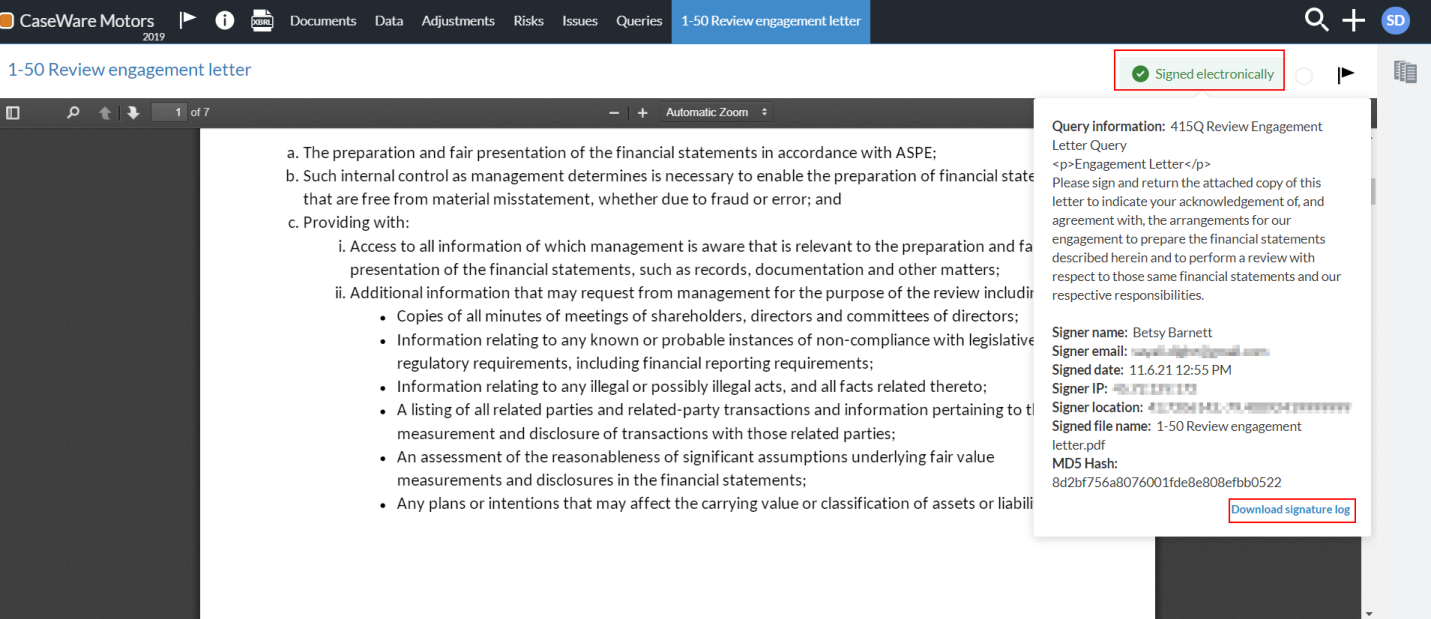Select Signed electronically to review the signature log when viewing the signed document.