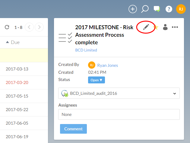 Select the Edit icon to add a due date to this task.