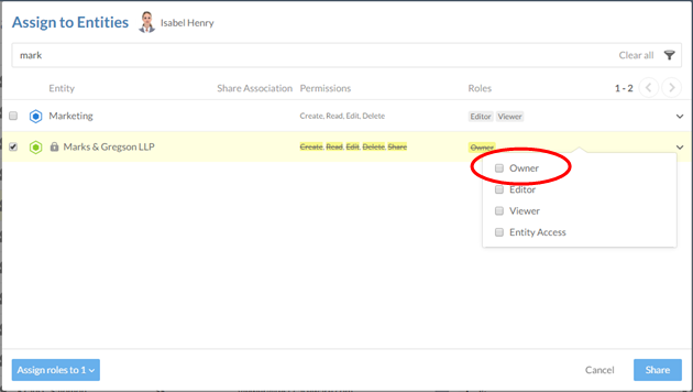 Deselect a role to remove it from the user for your selected entity. Permissions that the user will lose for this entity are displayed with a yellow background and strikethrough text.