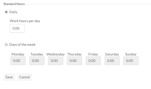 Options permettant de définir les heures standard soit quotidiennement, soit pour certains jours de la semaine.