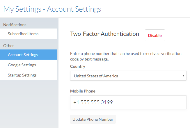 De opties voor twee-factor authenticatie in Persoonlijke instellingen.